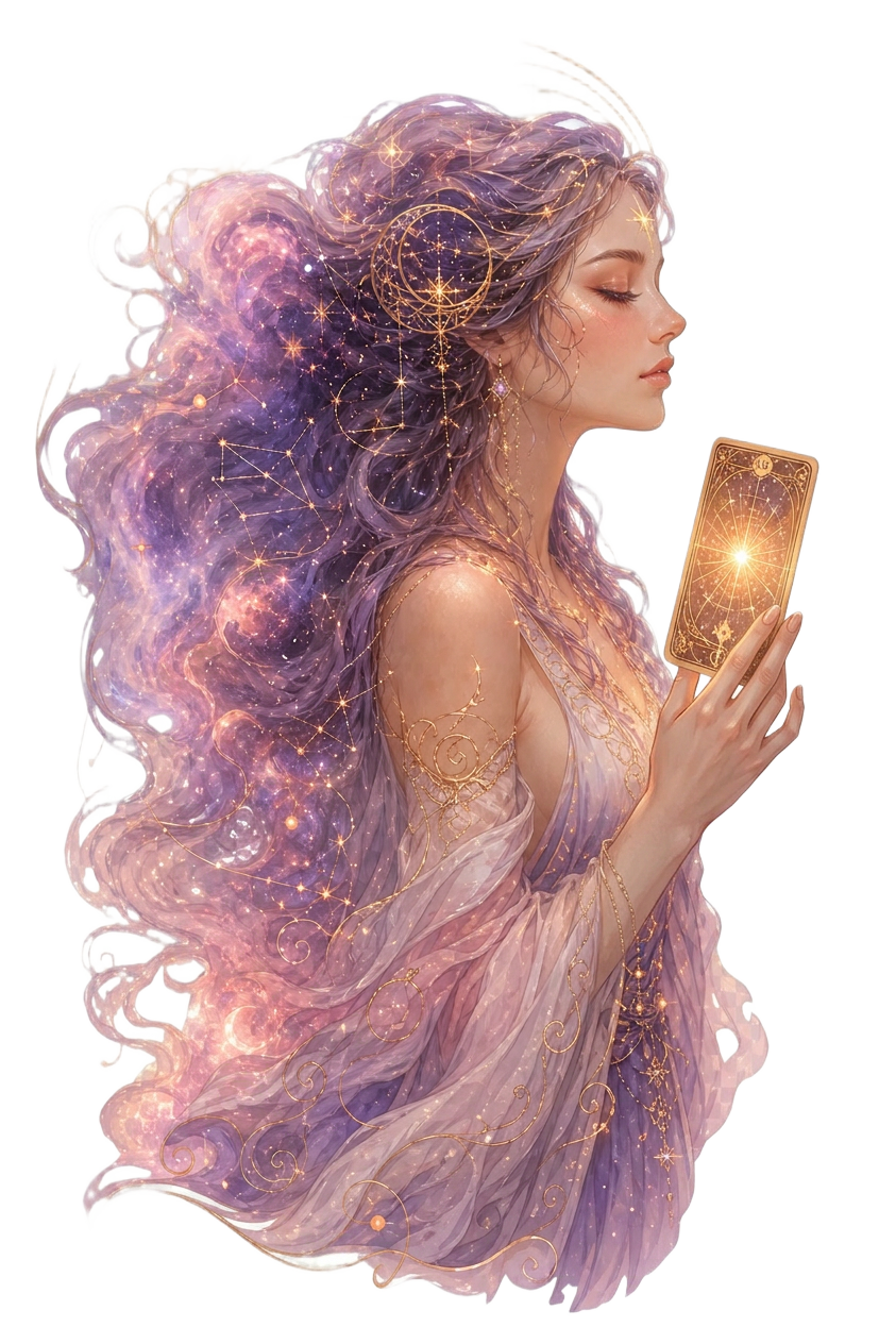 Mystical figure with cosmic hair holding a glowing tarot card